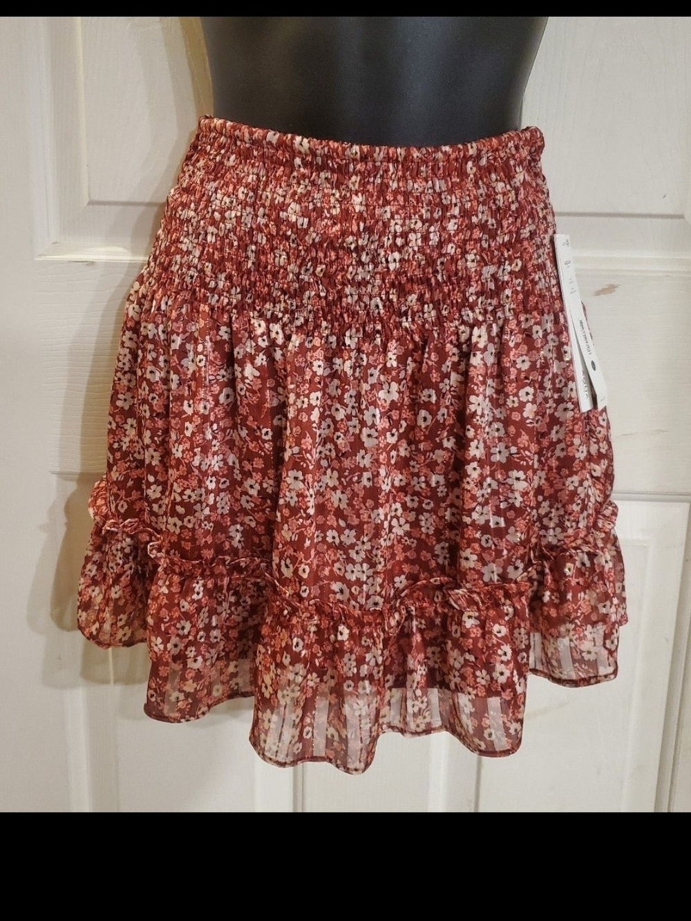 Aqua Rust Floral Smocked Ruffle Skirt
